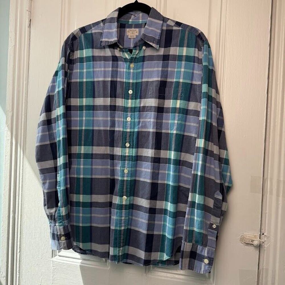 J Crew Shirt Mens Medium Blue Summer Plaid Button Up Long Sleeve Collared Cotton
